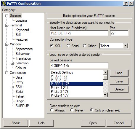 PuTTY Session screen