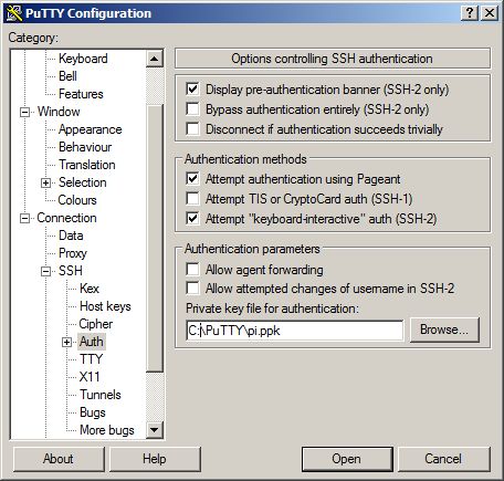 PuTTY, Connection/Data/Auth screen