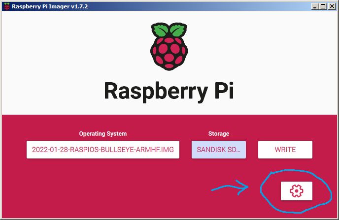 Raspberry Pi Imager with 'Advanced Options' button highlighted.