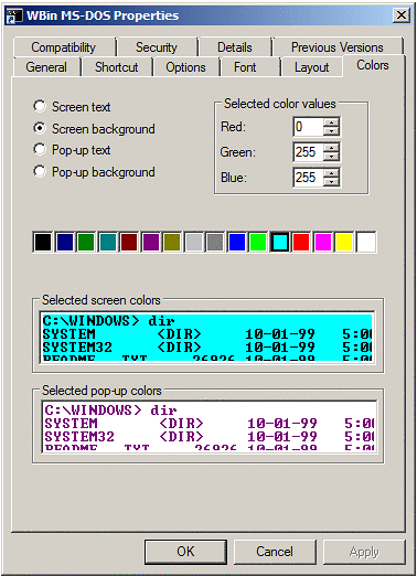 Setting the colors in the MS-DOS box