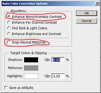 Enhance Monochromatic Contrast <br>is checked<br>Snap Neutral Midtones <br>is not checked